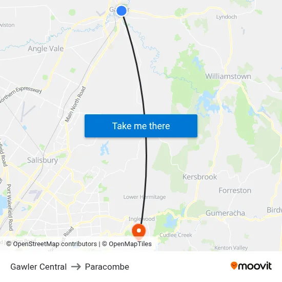 Gawler Central to Paracombe map