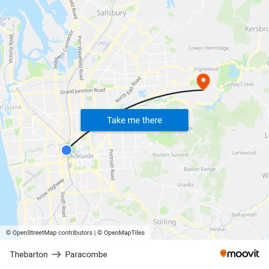 Thebarton to Paracombe map