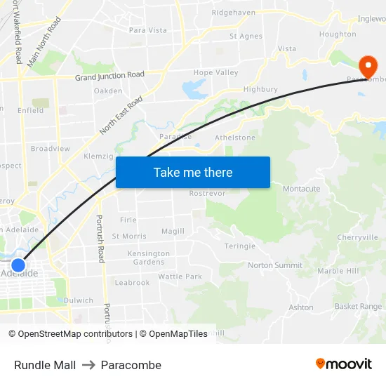 Rundle Mall to Paracombe map