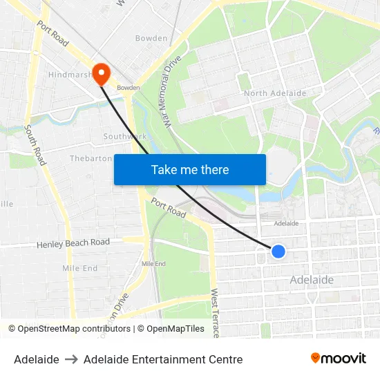 Adelaide to Adelaide Entertainment Centre map