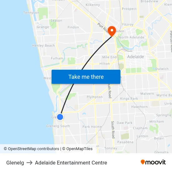 Glenelg to Adelaide Entertainment Centre map