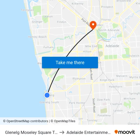 Glenelg Moseley Square Tram Stop to Adelaide Entertainment Centre map