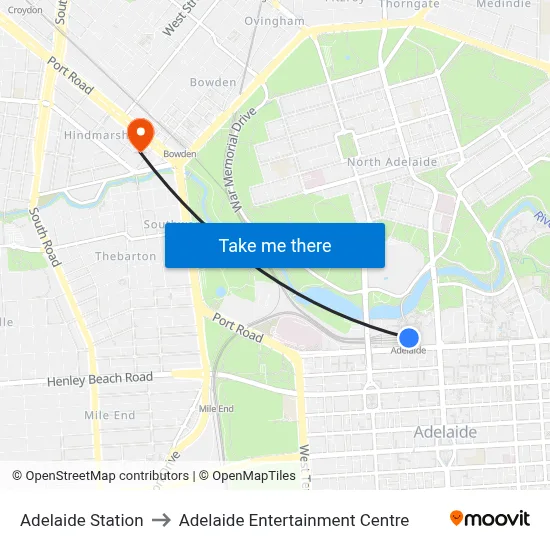 Adelaide Station to Adelaide Entertainment Centre map