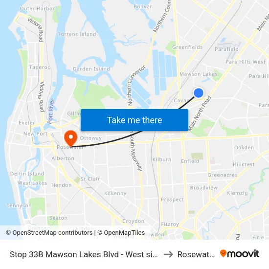 Stop 33B Mawson Lakes Blvd - West side to Rosewater map
