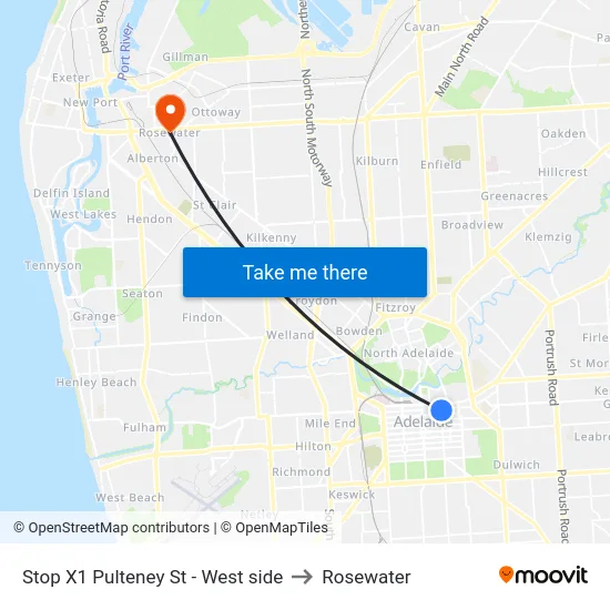 Stop X1 Pulteney St - West side to Rosewater map