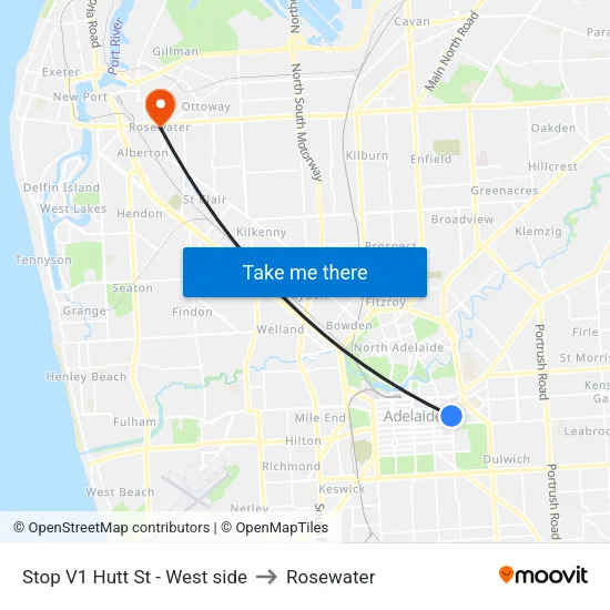 Stop V1 Hutt St - West side to Rosewater map