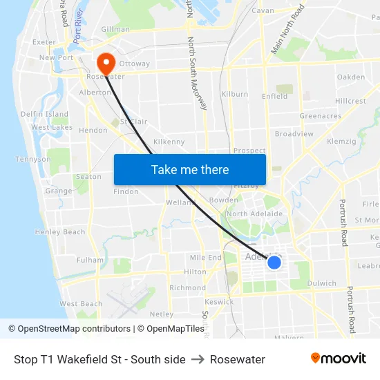Stop T1 Wakefield St - South side to Rosewater map
