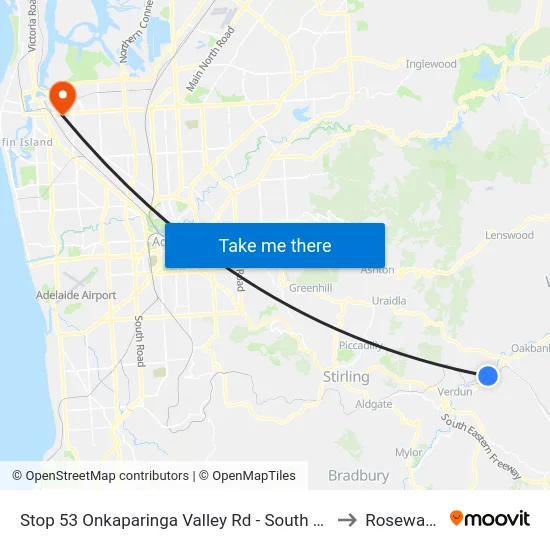 Stop 53 Onkaparinga Valley Rd - South side to Rosewater map