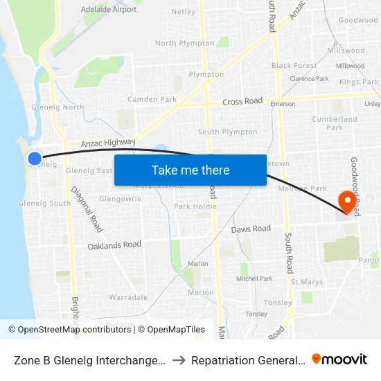 Zone B Glenelg Interchange - West side to Repatriation General Hospital map