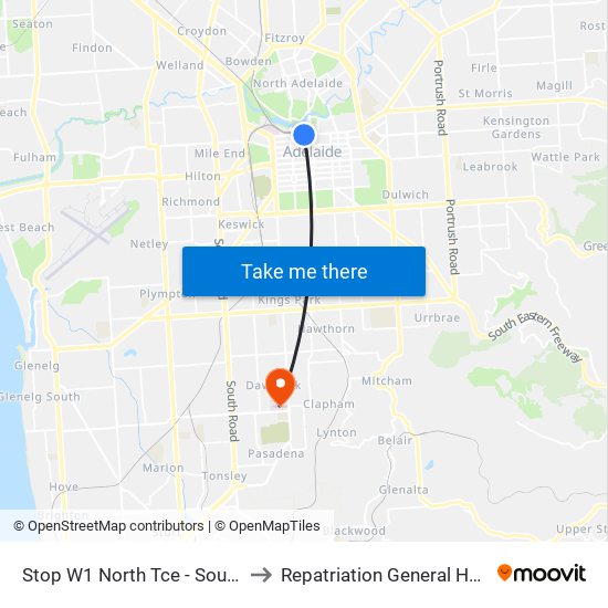 Stop W1 North Tce - South side to Repatriation General Hospital map