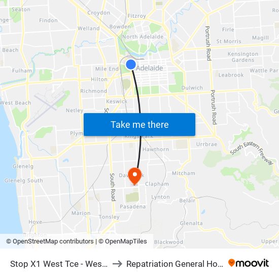 Stop X1 West Tce - West side to Repatriation General Hospital map