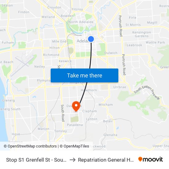Stop S1 Grenfell St - South side to Repatriation General Hospital map