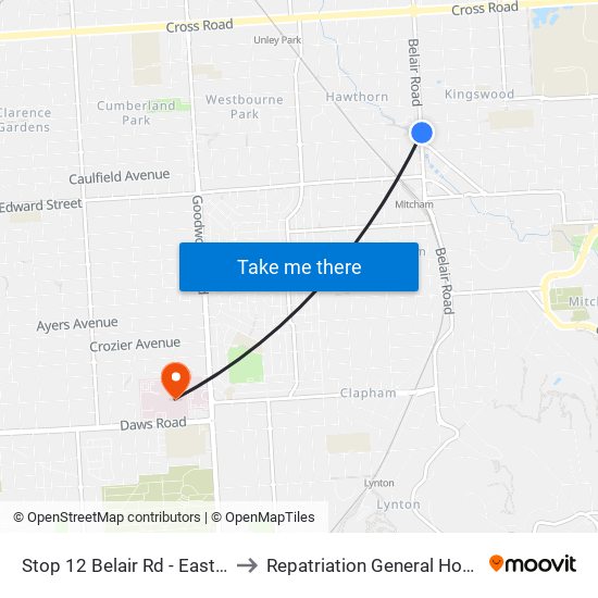 Stop 12 Belair Rd - East side to Repatriation General Hospital map