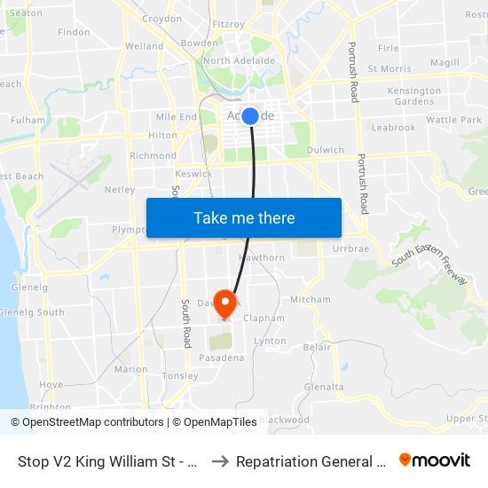 Stop V2 King William St - West side to Repatriation General Hospital map