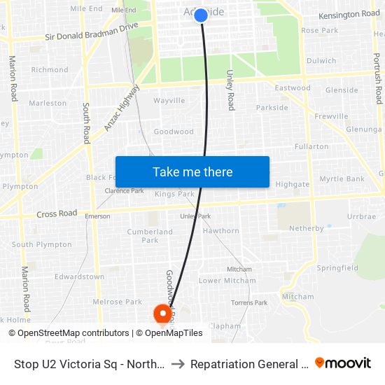 Stop U2 Victoria Sq - North West side to Repatriation General Hospital map