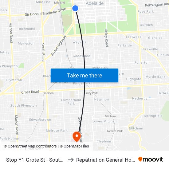 Stop Y1 Grote St - South side to Repatriation General Hospital map