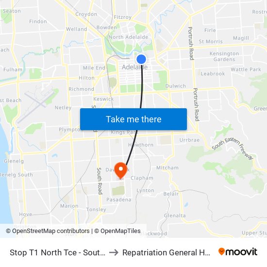 Stop T1 North Tce - South side to Repatriation General Hospital map