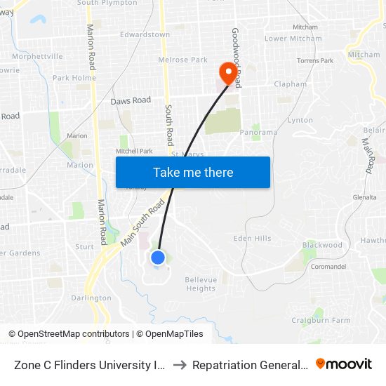 Zone C Flinders University Interchange to Repatriation General Hospital map