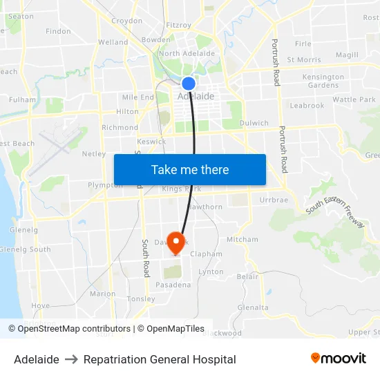 Adelaide to Repatriation General Hospital map