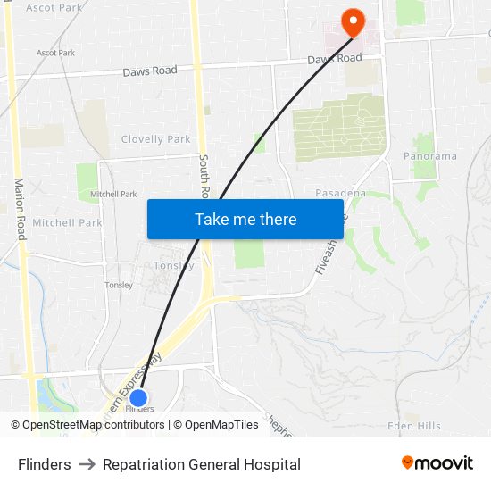 Flinders to Repatriation General Hospital map