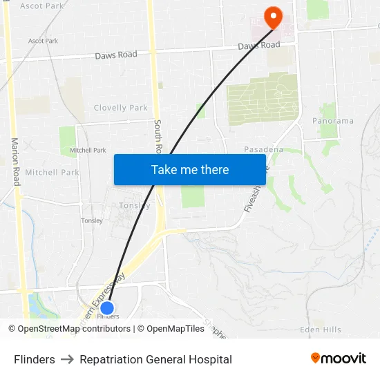 Flinders to Repatriation General Hospital map