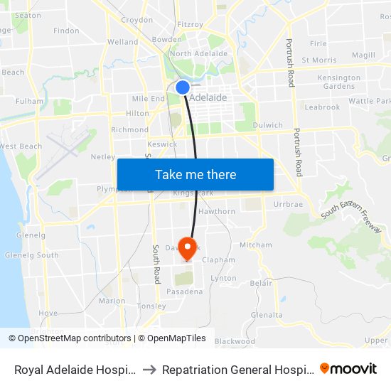 Royal Adelaide Hospital to Repatriation General Hospital map