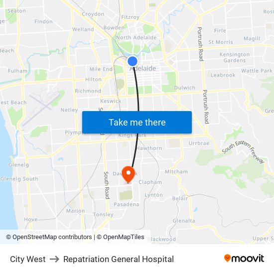 City West to Repatriation General Hospital map