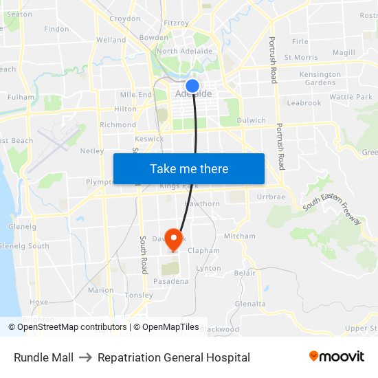 Rundle Mall to Repatriation General Hospital map