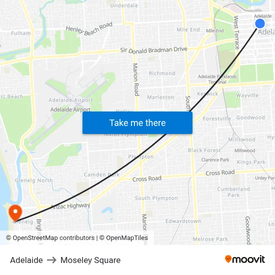 Adelaide to Moseley Square map