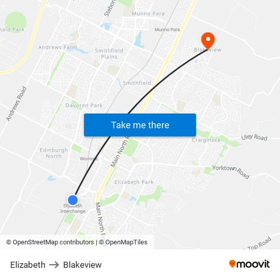 Elizabeth to Blakeview map