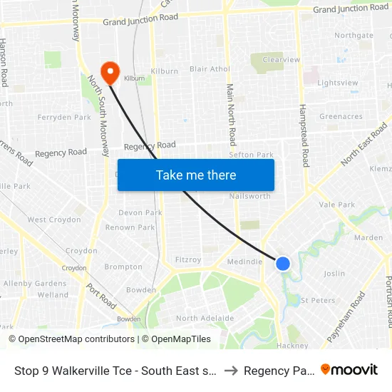 Stop 9 Walkerville Tce - South East side to Regency Park map