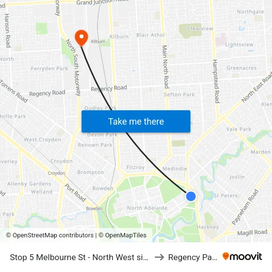 Stop 5 Melbourne St - North West side to Regency Park map