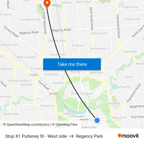Stop X1 Pulteney St - West side to Regency Park map