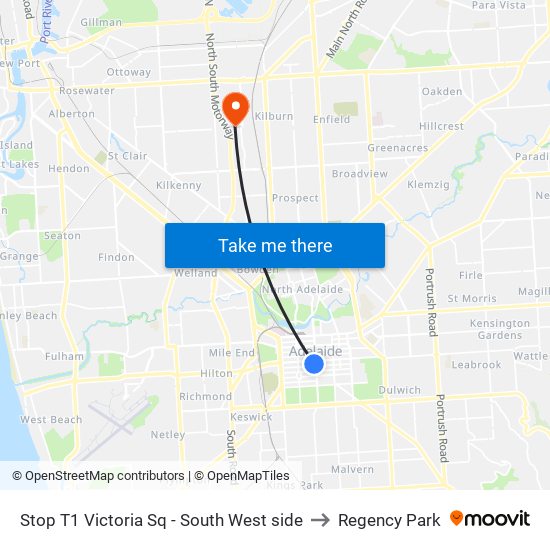 Stop T1 Victoria Sq - South West side to Regency Park map