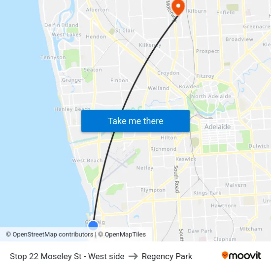Stop 22 Moseley St - West side to Regency Park map