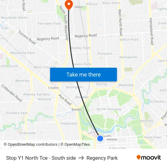 Stop Y1 North Tce - South side to Regency Park map