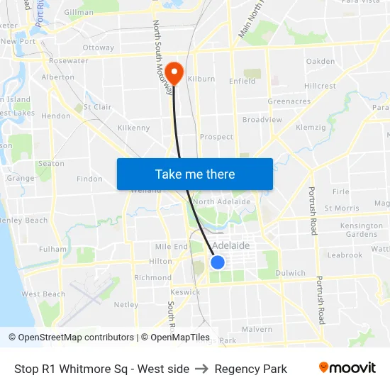 Stop R1 Whitmore Sq - West side to Regency Park map