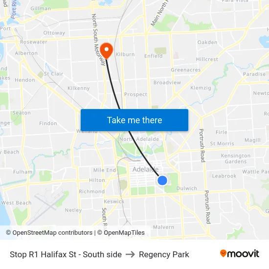 Stop R1 Halifax St - South side to Regency Park map