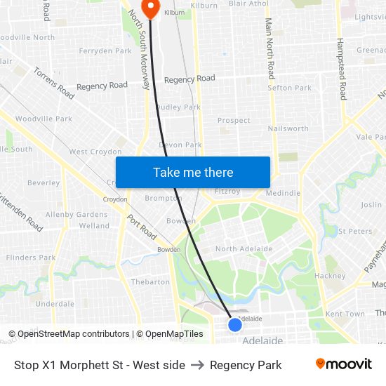 Stop X1 Morphett St - West side to Regency Park map