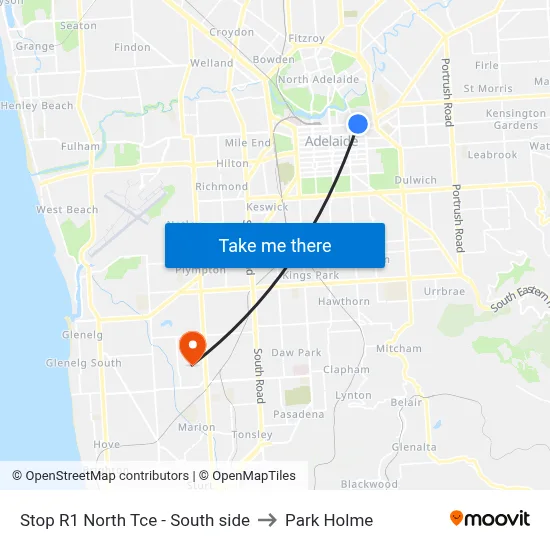 Stop R1 North Tce - South side to Park Holme map