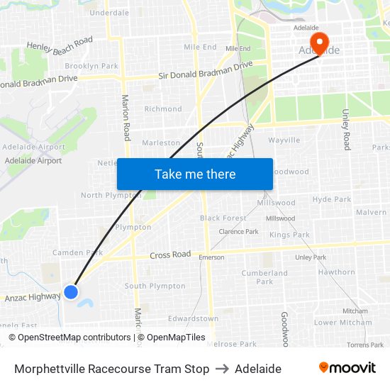 Morphettville Racecourse Tram Stop to Adelaide map