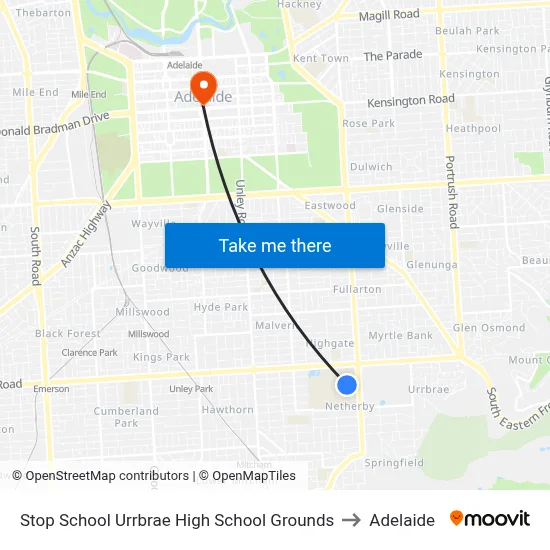 Stop School Urrbrae High School Grounds to Adelaide map