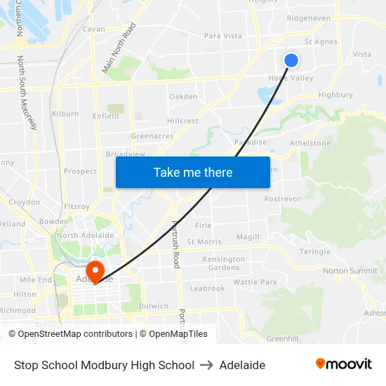 Stop School Modbury High School to Adelaide map