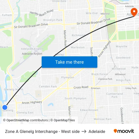 Zone A Glenelg Interchange - West side to Adelaide map