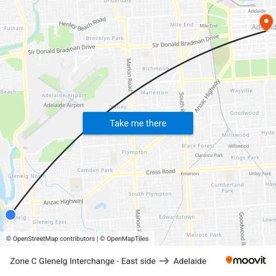 Zone C Glenelg Interchange - East side to Adelaide map