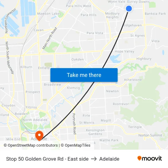 Stop 50 Golden Grove Rd - East side to Adelaide map