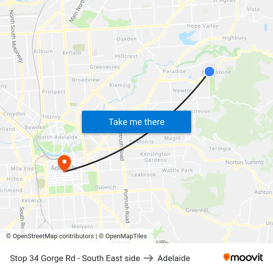 Stop 34 Gorge Rd - South East side to Adelaide map