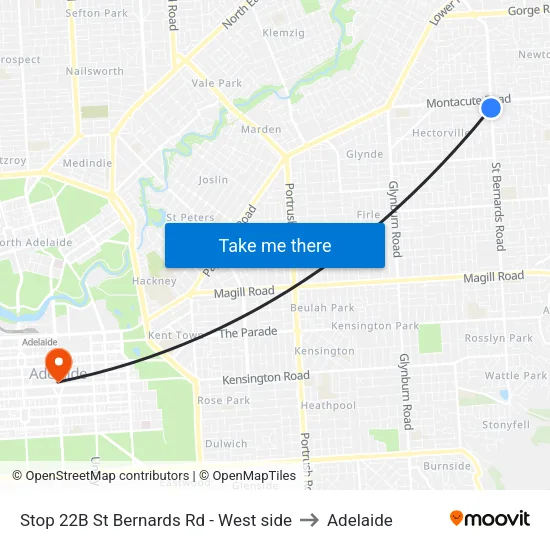 Stop 22B St Bernards Rd - West side to Adelaide map