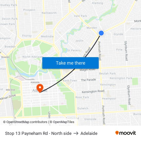 Stop 13 Payneham Rd - North side to Adelaide map