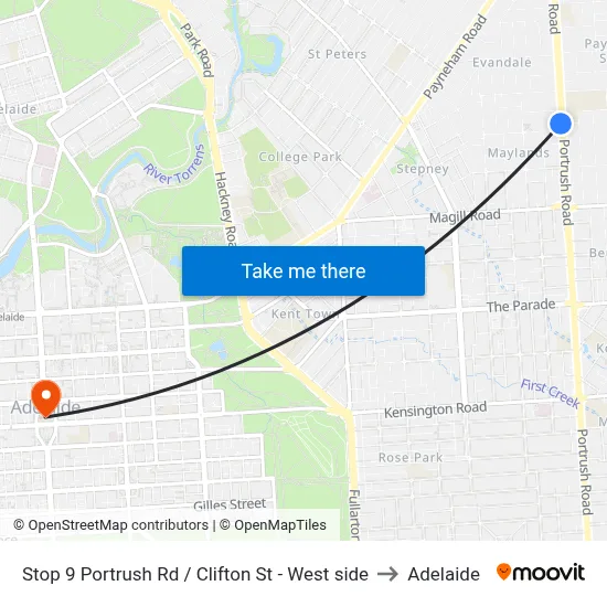 Stop 9 Portrush Rd / Clifton St - West side to Adelaide map